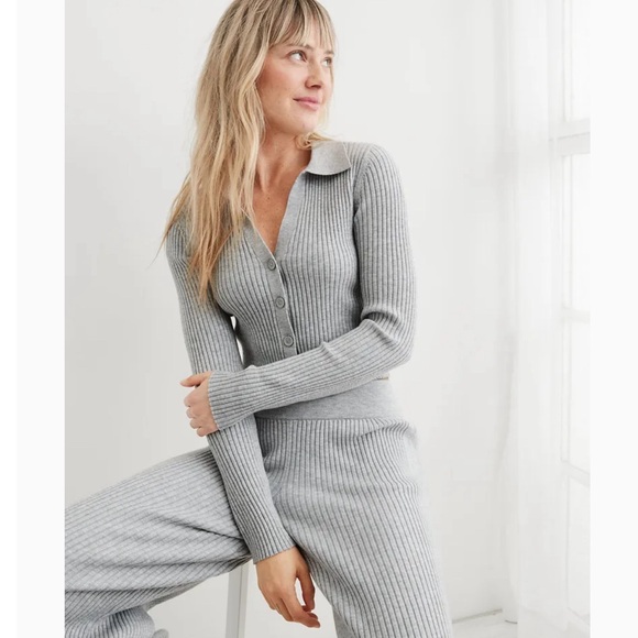 Aerie Women’s Gotta Jet Gray Polo Cropped Stretch Cardigan Sz M - Picture 2 of 10